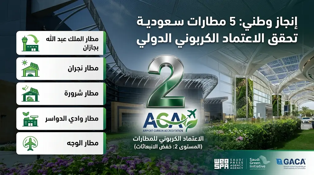 إنجاز دولي لقطاع الطيران السعودي بحصول 5 مطارات على شهادة الاعتماد الكربوني بمستوى خفض الانبعاثات