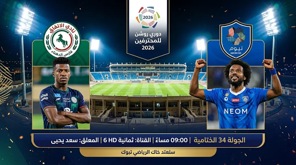 القنوات المفتوحة الناقلة لمباراة الاتفاق ونيوم اليوم في دوري روشن السعودي 2026 (الجولة الختامية)