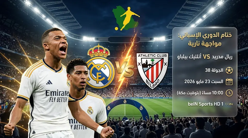 القنوات الناقلة لمباراة ريال مدريد وأتلتيك بيلباو اليوم السبت 23-5-2026 في الدوري الإسباني
