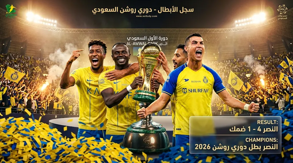 النصر بطلاً رسمياً لدوري روشن السعودي 2025-2026 بعد الفوز على ضمك برباعية
