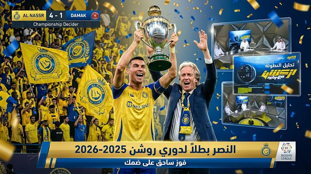 النصر يتوج بطلاً لدوري روشن للمحترفين لموسم 2025-2026 بعد فوزه العريض على ضمك
