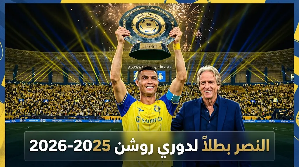 النصر يتوج رسمياً بلقب دوري روشن السعودي 2025-2026 بعد اكتساح ضمك برباعية في ليلة الاحتفال بملعب الأول بارك