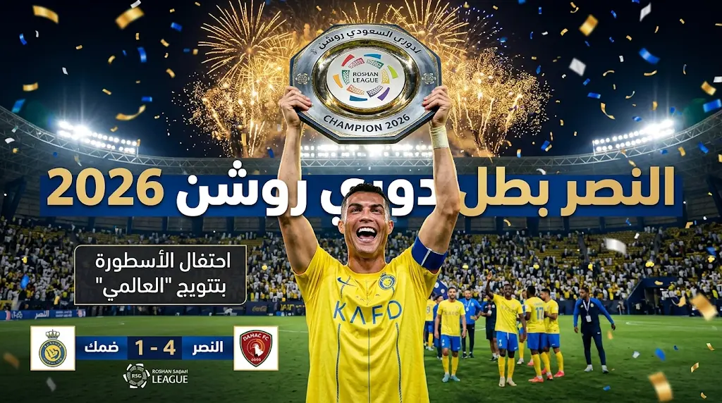 النصر يتوج رسمياً بلقب دوري روشن السعودي 2025-2026 بعد الفوز على ضمك برباعية