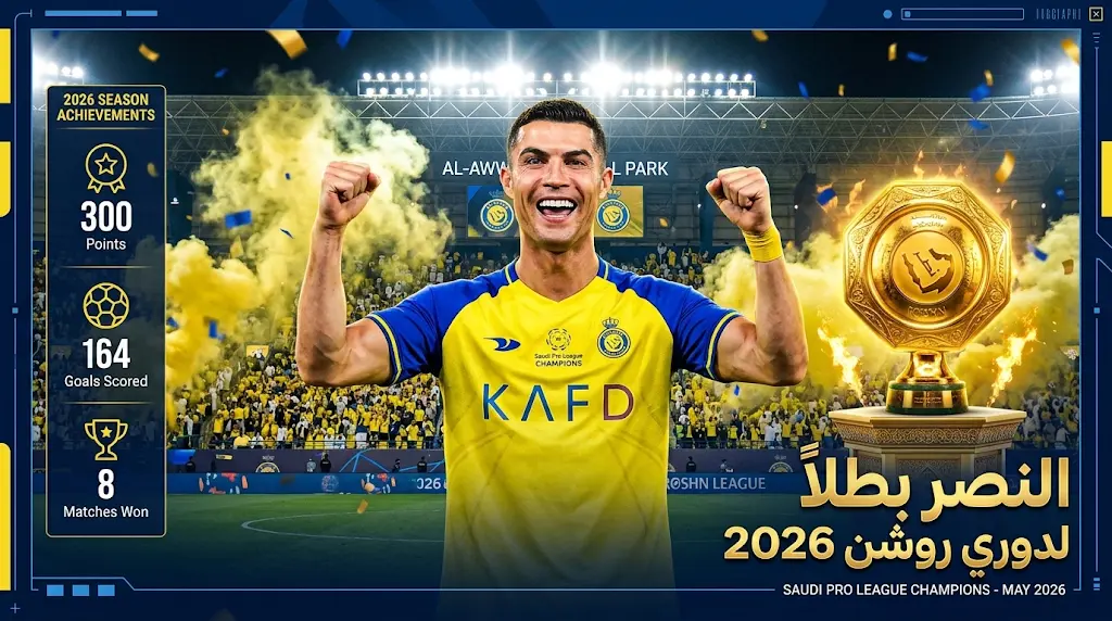 النصر يتوج رسمياً بلقب دوري روشن السعودي 2025-2026 بعد فوزه على ضمك برباعية وهدف عالمي لرونالدو