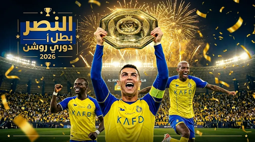 النصر يتوج رسمياً بلقب دوري روشن السعودي للمحترفين 2025-2026 بعد اكتساح ضمك برباعية وتألق رونالدو