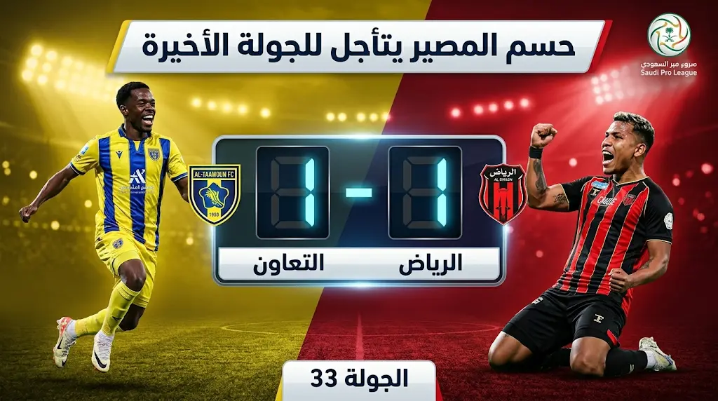 تعادل التعاون والرياض بنتيجة 1-1 في الجولة 33 من دوري روشن السعودي وتأجيل حسم المصير للجولة الختامية