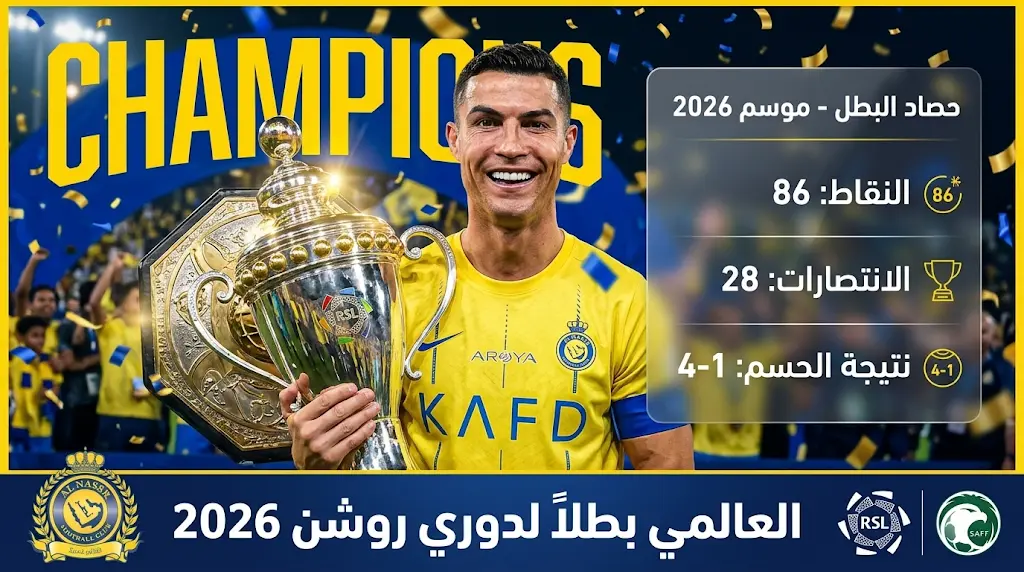 كريستيانو رونالدو يرفع درع الدوري السعودي 2026.. النصر يحسم اللقب برباعية في مرمى ضمك ويتصدر المشهد العالمي